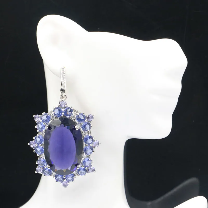 

61x37mm Highly Recommend Big Heavy 36g New Stone Iolite Rhodolite Garnet CZ Females Dating Silver Earrings