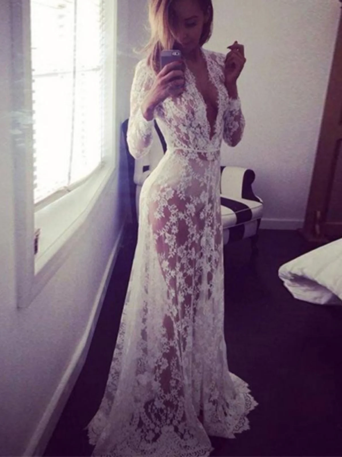 Summer Long Sve Deep V Ne Lace See tough Slim Fit a Line Dr Wind Spring White Sexy Gown High Waist Sweet Sle