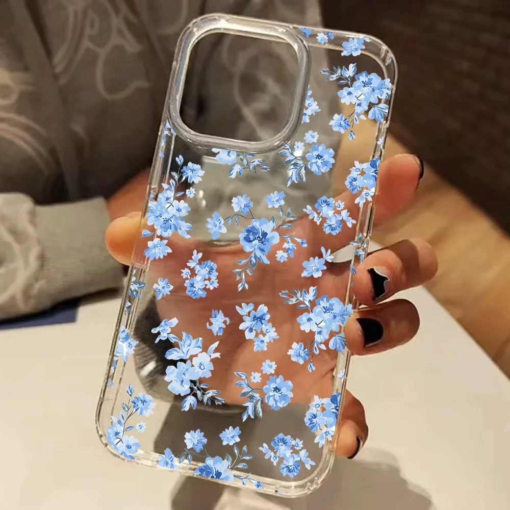 Fresh Blue Floral Pattern Clear Silicone Phone Case - Soft Cover with Elegant Design