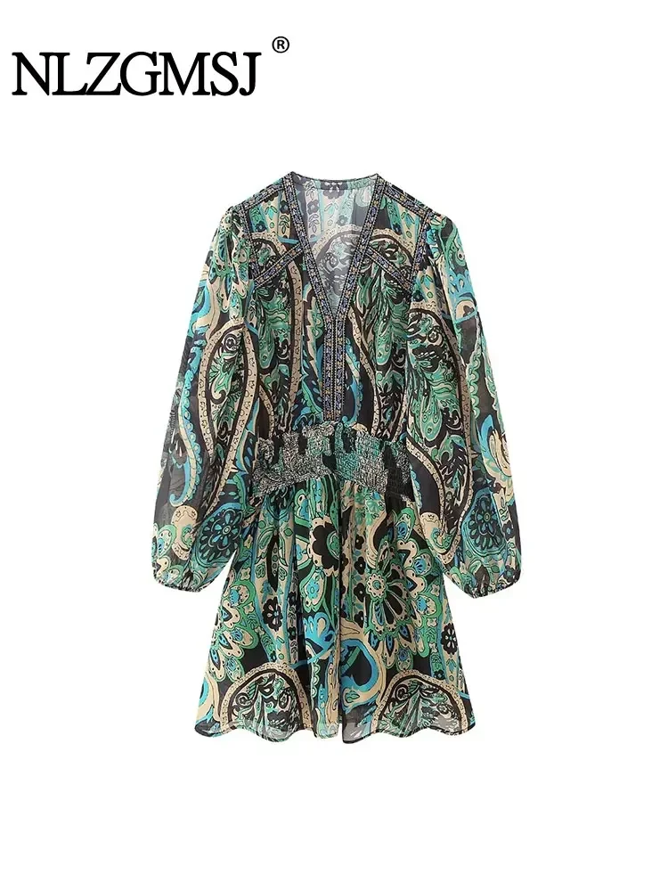 

Nlzgmsj TRAF 2024 Women Dress Fashion New Spliced Edge Printed Short V-neck Long Sleeved Dress Woman Female Dress
