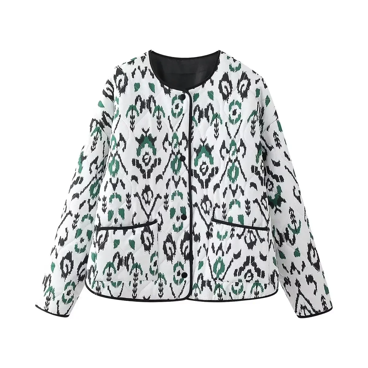 

Women's New Fashion Pocket Decoration Casual Print Quilted O Neck Jacket Coat Retro Long sleeved Button up Women's Coat Chic Top