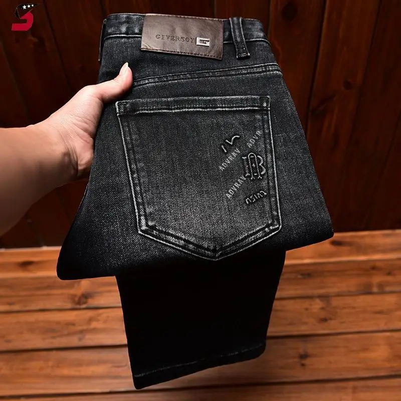 High-end Trendy Men's Jeans Fashion Printed Loose Straight Casual Stretch Black Gray Long Pants 2