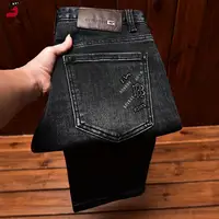 High-end Trendy Men's Jeans Fashion Printed Loose Straight Casual Stretch Black Gray Long Pants 2
