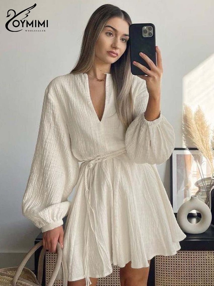 Oymimi Elegant Beige Cotton Womens Dresses Fashion V-Neck Long Sleeve Lace-Up Dresses Casual Loose Pleated Mini Dress Streetwear