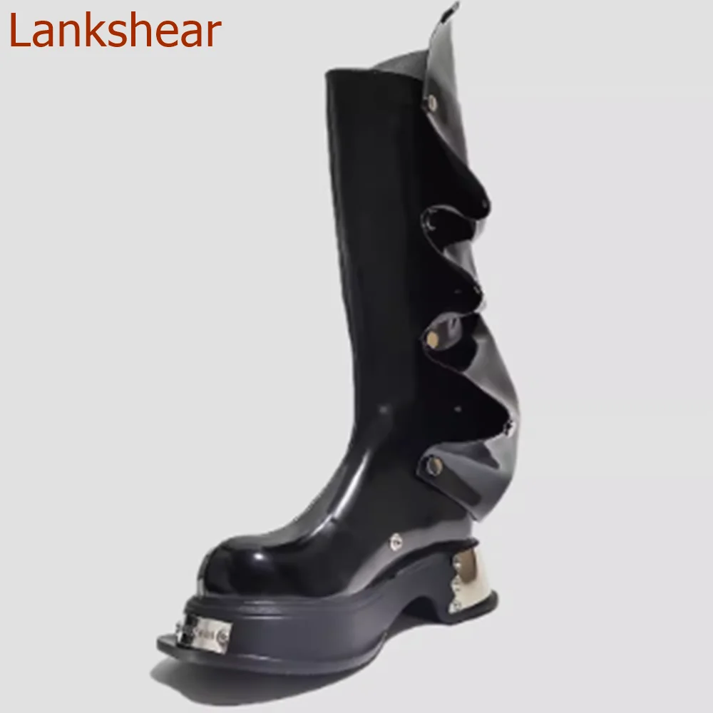 Round Toe Square Heel Women Shoes Pleated Solid Knee High Fashion Casual Comfortable Sexy Party Women Shoes 2024 New Arrivals