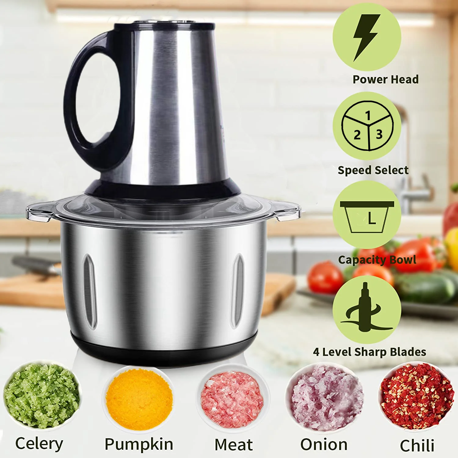 

3 Speeds Electric Meat Mincer Grinder Stainless Steel Chopper 3L Food Processor Garlic Mud Maker Blender Large Capacity