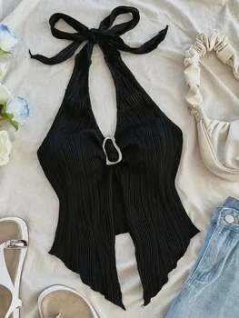 Sexy V-neck Halter Neck Crop Top for Women Summer Sleeveless Solid Split Backless Top Y2K Clothes 1