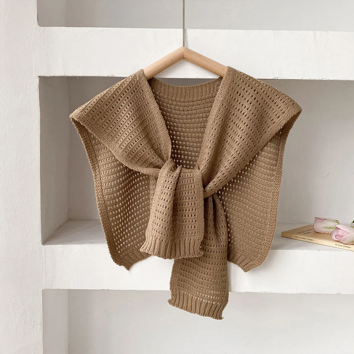 Korean Leisure Versatile Knitted Shawl Summer Air Conditioning Fake Collar Neck Cape Shoulder Solid color Scarf For Women