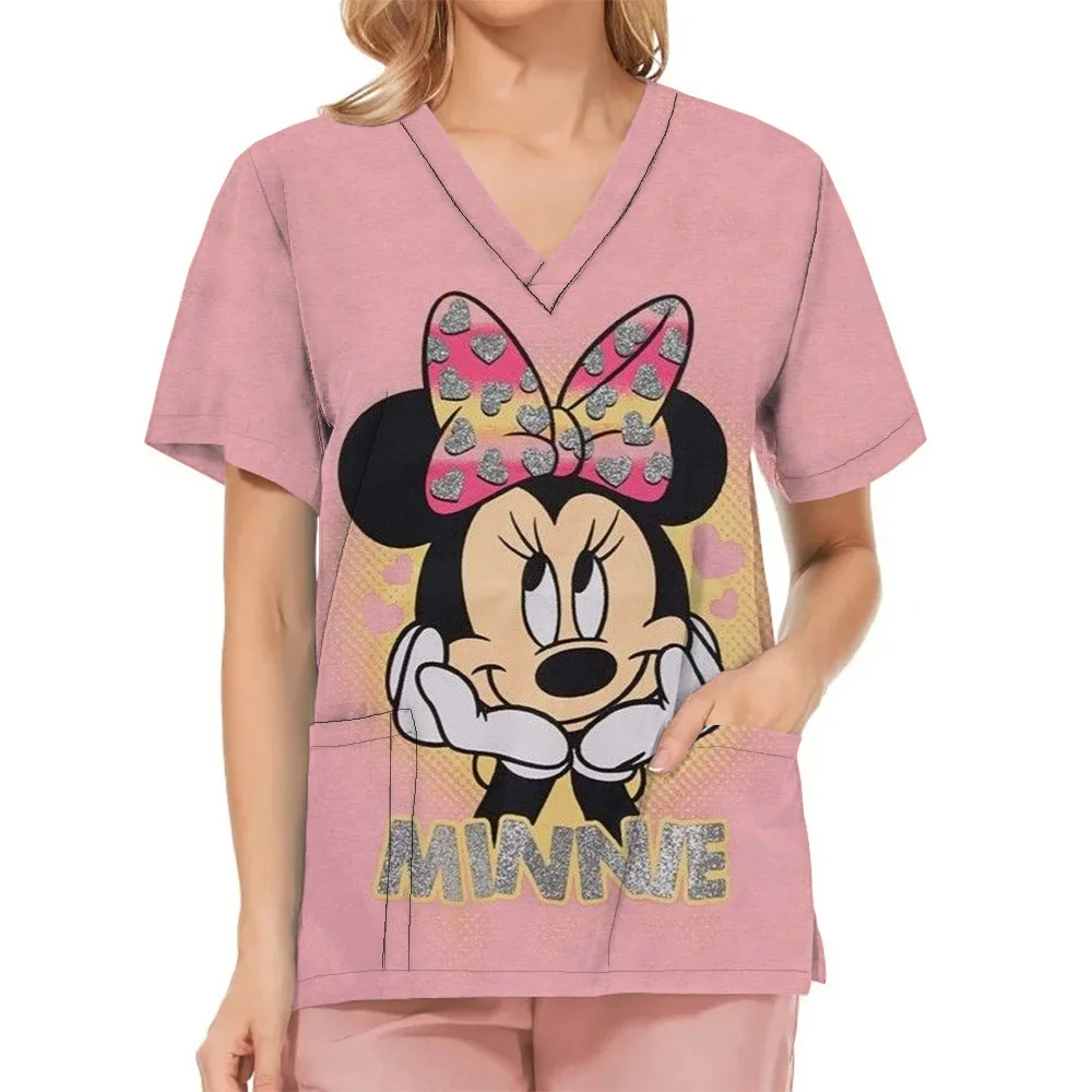 

Disney Mickey Mouse Print Nurse Medical Uniforms V-neck Short Sleeve Pocket Workwear Top Scrubs Medical Accessories Uniform