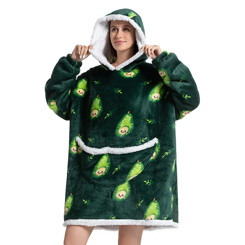 

Dark Green Pear Print Nightgown Flannel Blanket with Sleeves Winter Hoodies Sweatshirt Women Pullover Giant TV Blanket