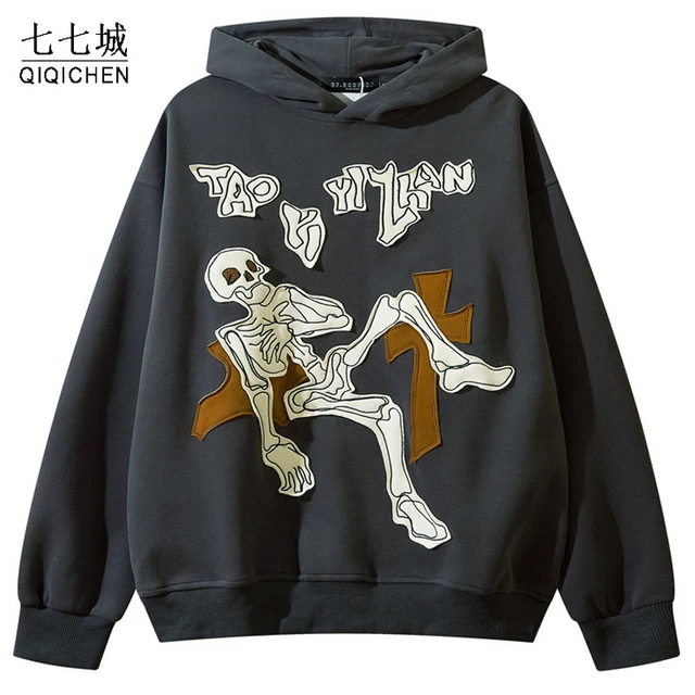 Mens Distressed Sweatshirt Japanese Pattern Embroidery Ripped Hoodie  Sweater New