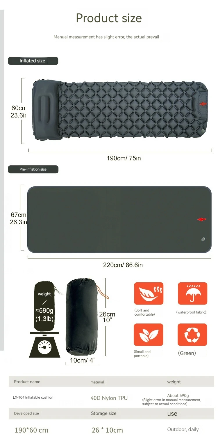 Description Picture 5 of itemOutdoor Camping Inflatable Mattress Sleeping Pad With Pillows Ultralight Air Mat Built In Inflator Pump Hiking