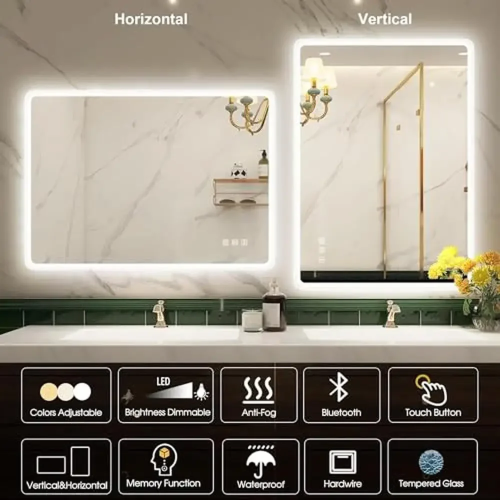 28x36in Rectangular LED Bathroom Mirror with Bluetooth Speaker Anti-Fog Wall Mounted