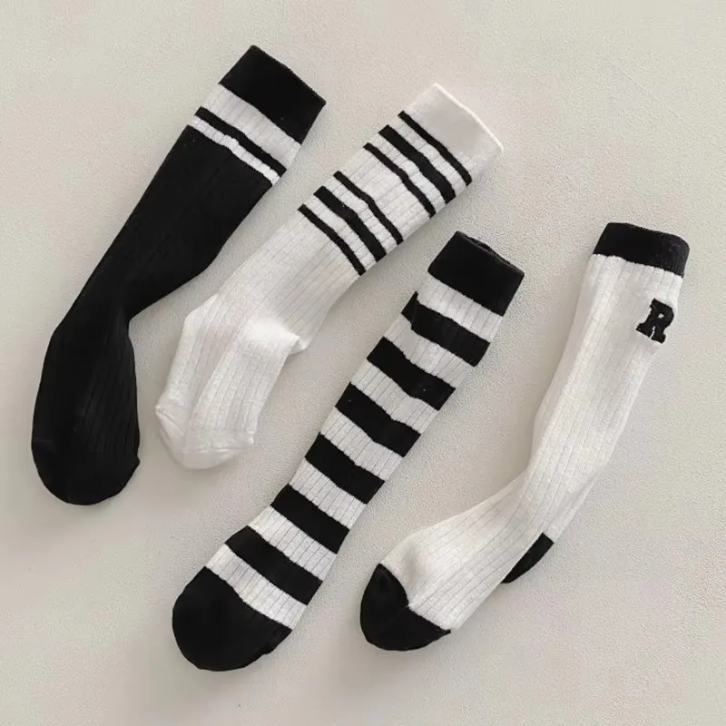 Spring Autumn Baby Cotton Kids Floor Sport Stockings New Korean White Black Striped Knee High Long Socks for Children Clothes