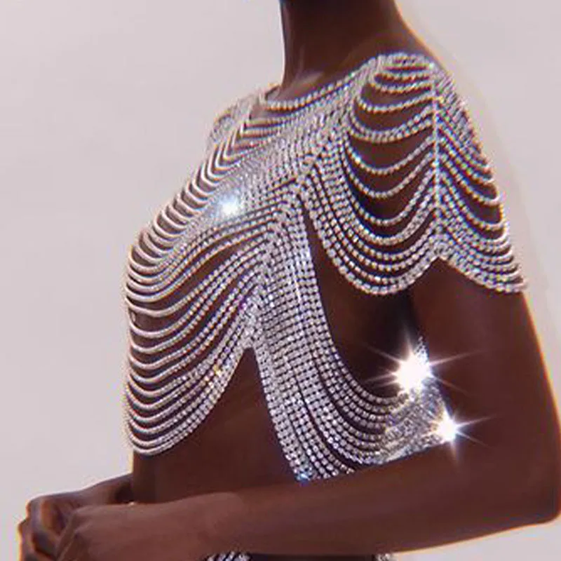 

Women Luxury Crop Tank Top Glitter Rhinestone Crystal Metal Chain Tassel Sexy See Through Backless Short Sleeve Festival Tops