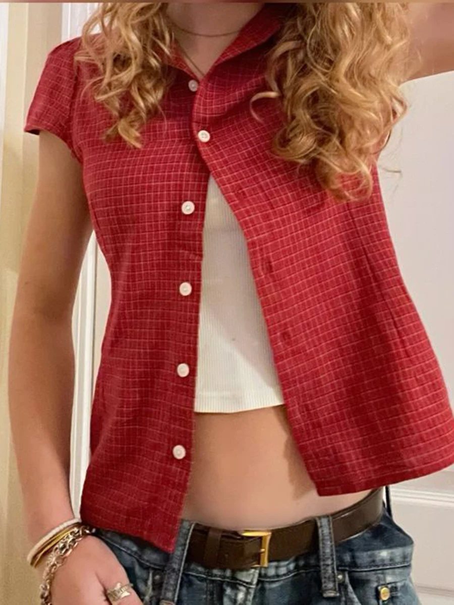Red Plaid Slim T-Shirt Blouse Woman Summer Peter pan Collar Single Breasted Short Sleeve Tees Vintage Sweet Cotton Tshirt Y2k 2