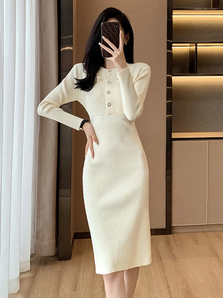 

7112# Real Shot Knitted Dress Women Mid-length Long Sleeve Buttons Elegant Office Lady Wrap Hip black Dress for Women Clothing