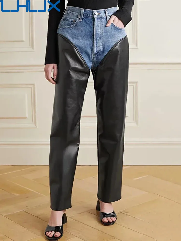

LJHLJX Модные женские джинсовые брюки с высокой талией из искусственной кожи на молнии с карманами прямые брюки женские весна 2024 Новинка AH191