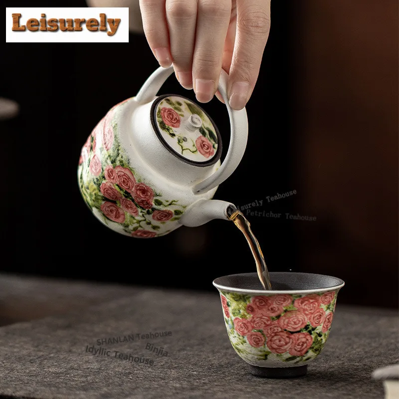 175ml Oil Painting Rose Porcelain Handle Teapot Zen Tea Infuser Pot Tea Making Kettle with Filter White Tea for Tea Ornaments