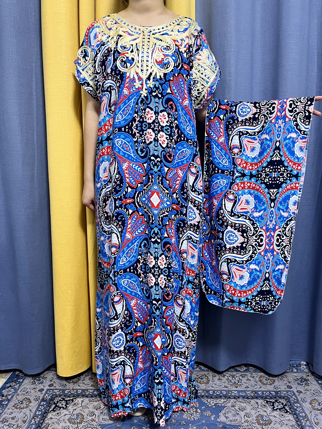 Muslim Abayas For Women Cotton Print Flower Appliques Loose Fit Femme Robe African Islam Traditional Dresses With Headscarf Belt