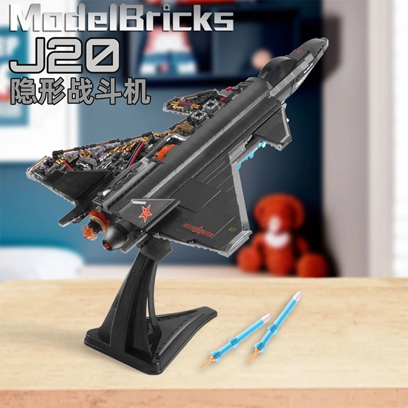 

2023 Military Modern Original Plane WW2 J-20 Stealth Fighter Building Blocks World War 2 Air Force Aircraft Moc Bricks Model Toy