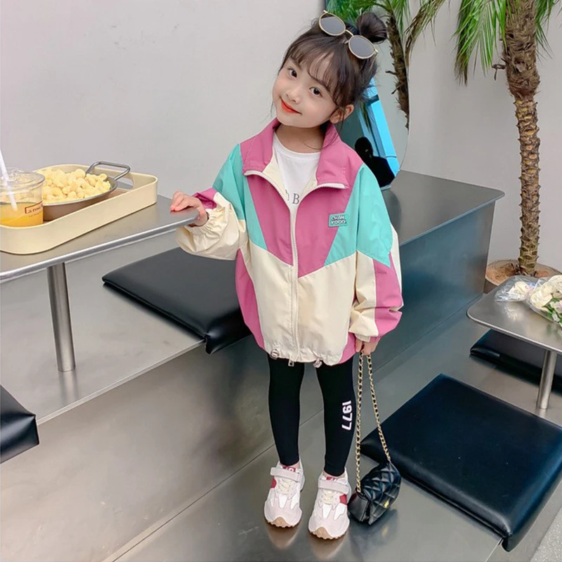 Girls Colorblocked Baseball Trench Jacket - Spring Autumn Casual Outerwear Ages 2-10
