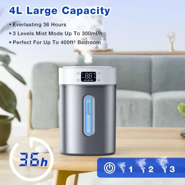 4L Ultrasonic Cool Mist Humidifier with 304 Stainless Steel Tank, Auto Humidity Control, Night Light, and Timer 3