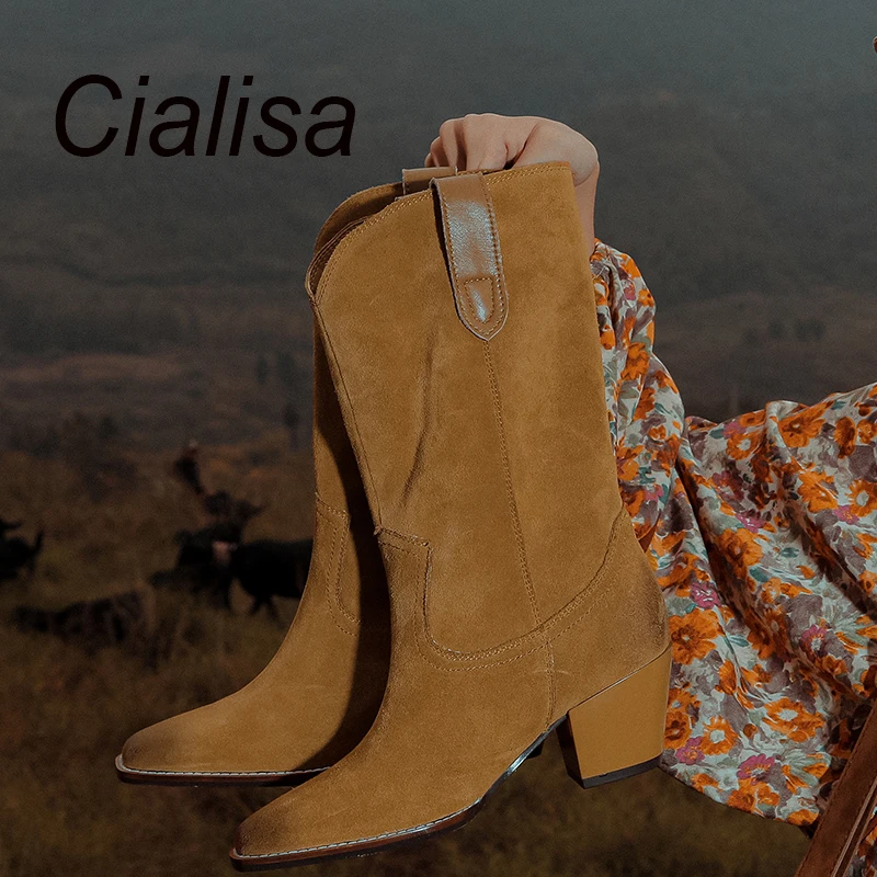 

Cialisa Genuine Leather Women's Mid Calf Boots Square Toe New Autumn Winter Shoes Fashion 6cm High Heels Western Boots Black