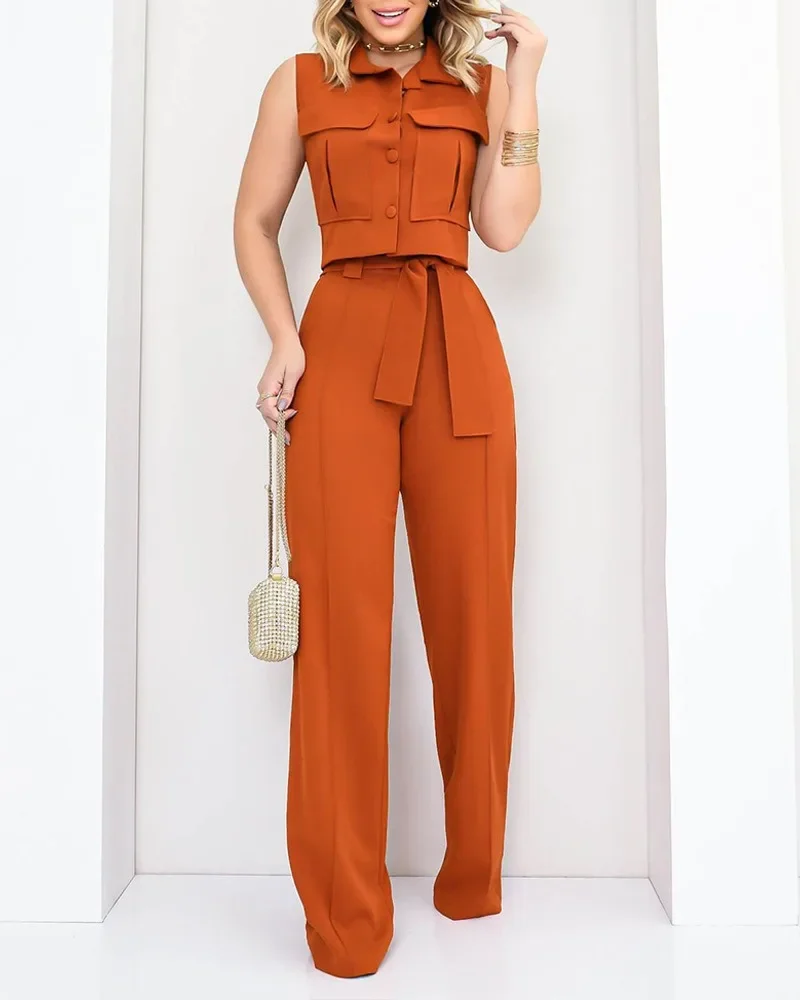 Conjunto Casual de Duas Peças com Calça e Camisa Sem Manga