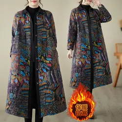 Ethnic Style Printed Cotton And Linen Long Quilted Jacket Loose Warm Winter Women Retro Single Breasted Padded Coat Abrigo T1070