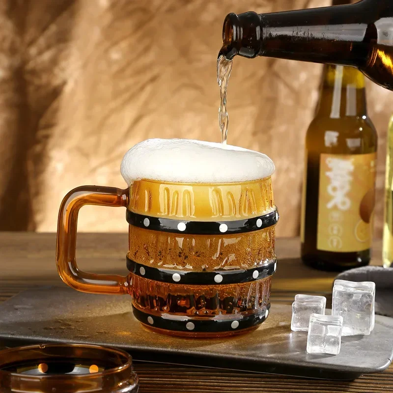 Beer Mug 470ml 16oz Large Capacity Barrel Shape Glass Cup with Handle and Lid Like One Piece Pirate Beer Cup 1 Piece