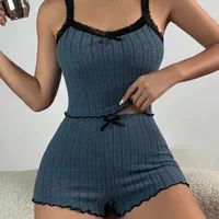 Summer New Womens Ribbed Knit Pajama Set Lace Trim Bow Cami Crop Top Lettuce Hem Shorts Loungewear Sleepwear Cute Soft 2 Piece - Image 4