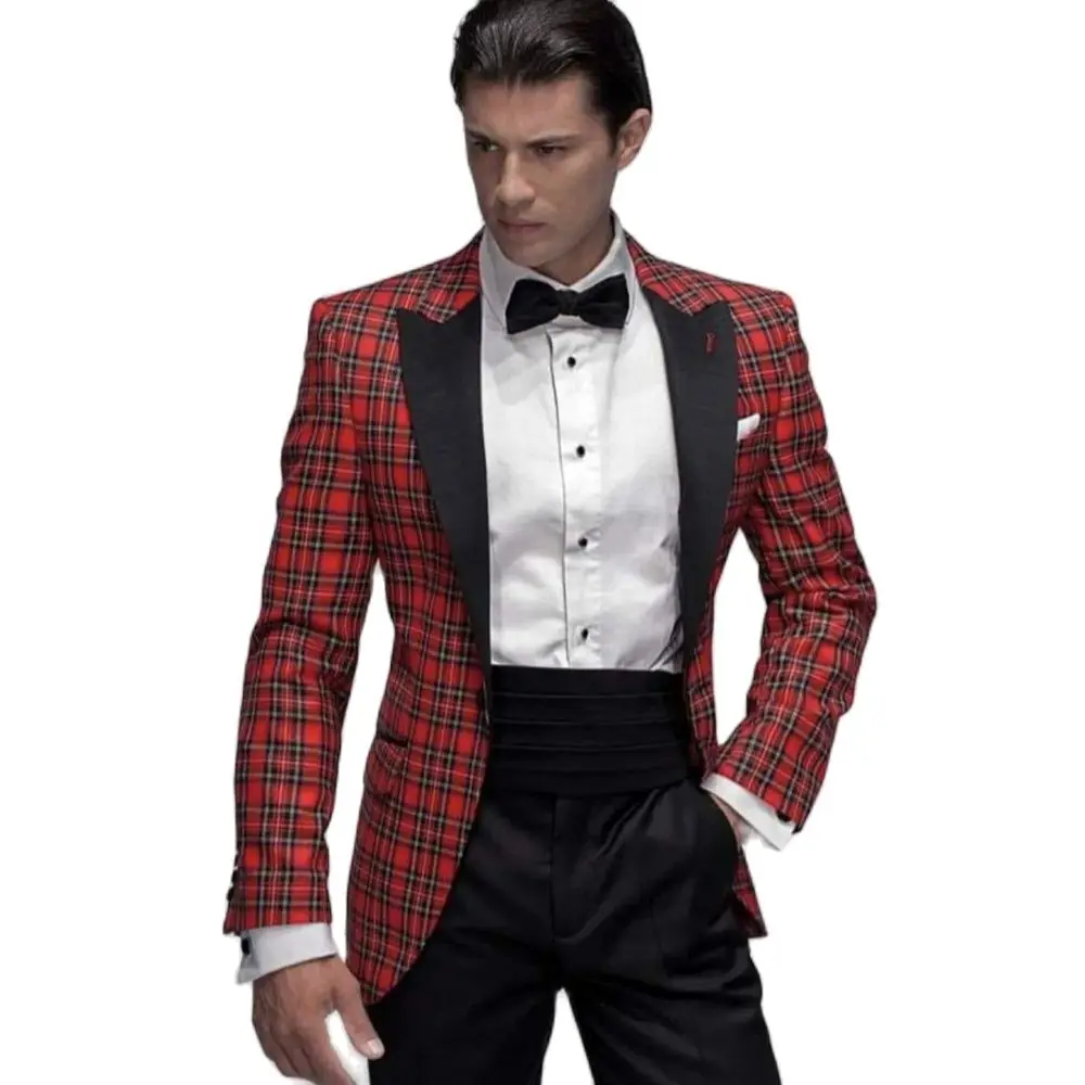 

Red Scottish Plaid Christmas Costume Men's Suit Slim Fit Peak Lapel Prom Party Male Suits 4 Pcs Blazer Pants Waistband Tie Sets