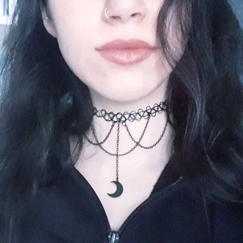 Collana Girocollo Gotica Luna - Lusofie Gothic Moon Choker Con Ciondolo Doppia Catena, Gioielli Y2K Per Donna