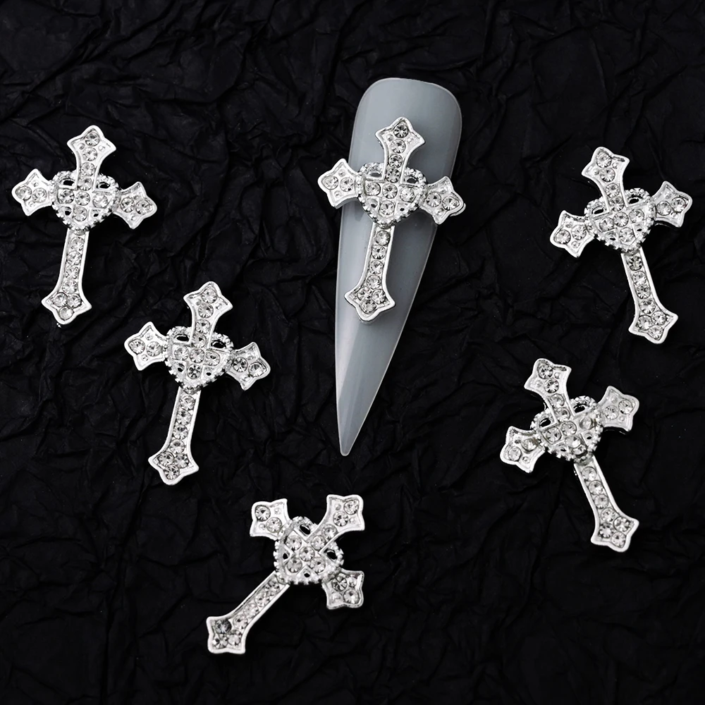 10pcs/lot Luxury Silver Cross Crucifix Nail Art Charm Parts Alloy Rhinestone Crystal Manicure Nail Accesorio Supplies Decoration 3