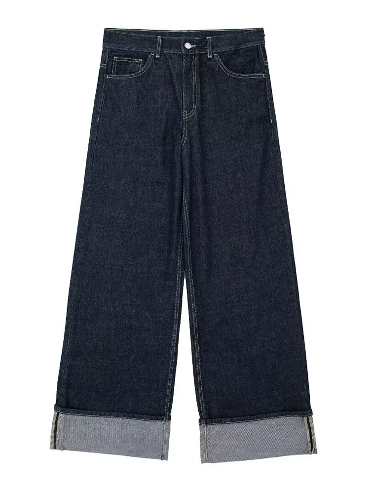 HH Women Fashion Navy Wide Leg Jeans Casual High Waist Zipper Fly Denim Pants Autumn Y2K High Street Straight Trousers Jeans