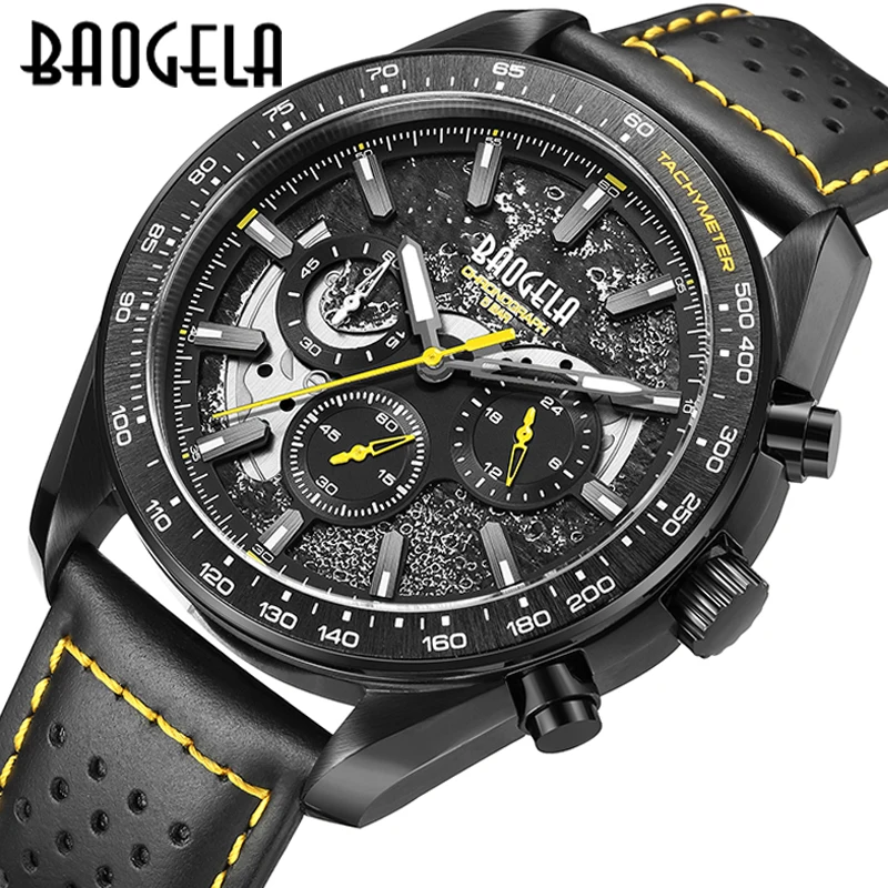 

BAOGELA Men Sport Quartz Male Chronograph Calendar Japan Movement 50M Waterproof Top Brand Luxury Clock Genuine Leather Watch