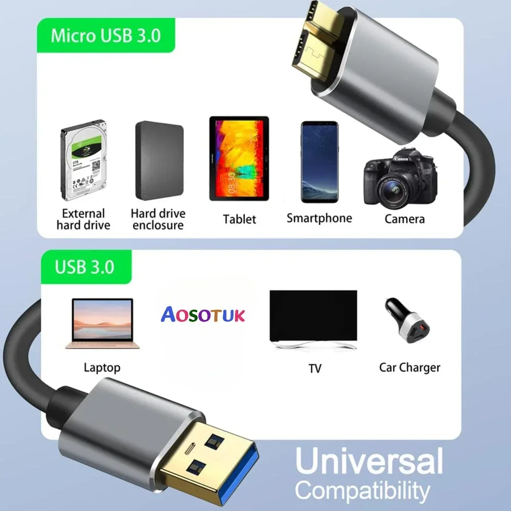 High-Speed USB 3.0 Type A to Micro B Data Sync Cable for External Hard Drives, 5Gbps Transfer Rate
