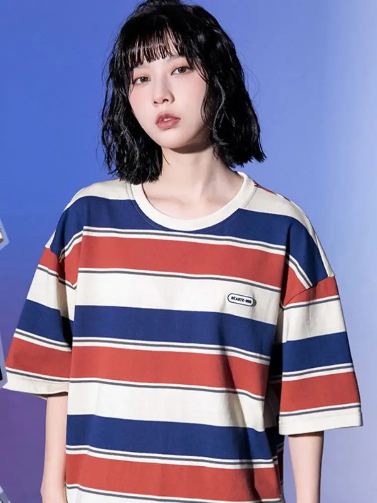 Unisex Striped T-shirts, Loose Fit, Short Sleeves - true deals club
