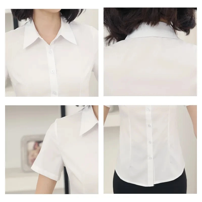 Fashion Woman Blouses 2023 V-neck Short Sleeve Solid Work Shirts Tops Pretty and Cheap Women's Blouse OL White Female clothing - Image 6