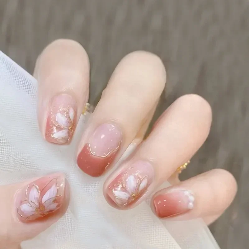 24Pcs Purple Short Round False Nails With Aurora Flower Design Detachable Korean Press On Nails Fake Acrylic Manicure Tips