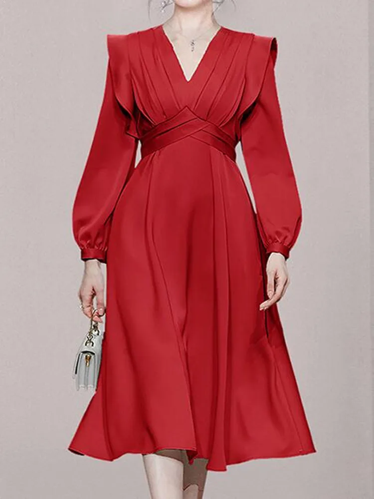 

ZAWFL 2023 Elegant Deep V-neck For Women Mid-calf High Waist Lantern Sleeve Long Dress Party Casual Solid Female Vestido