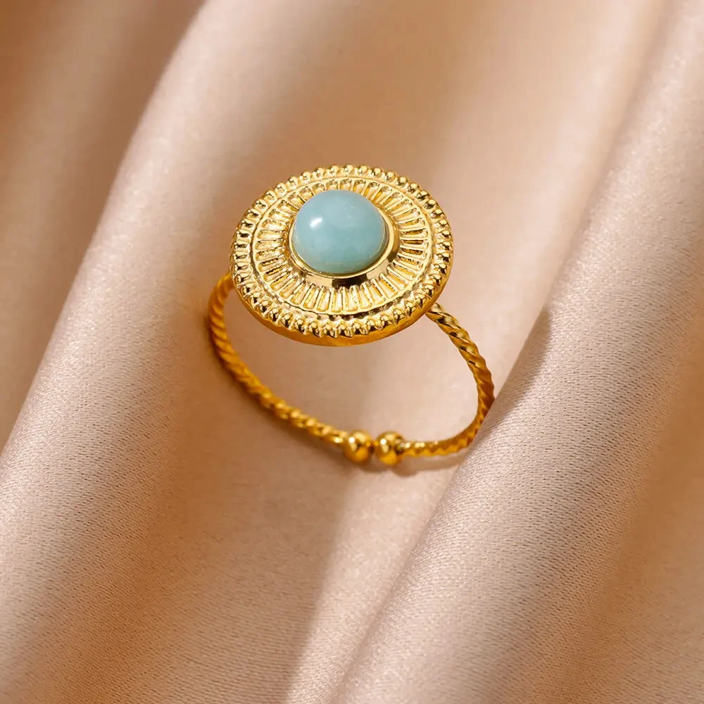Stainless Steel Shell Adjustable Ring for Women with Blue Stone