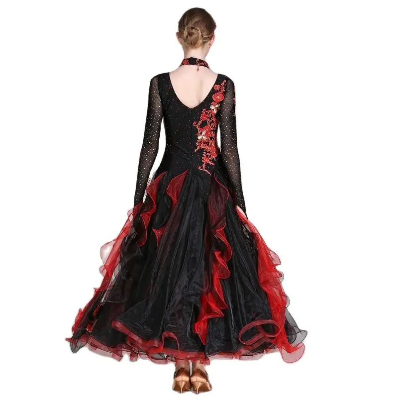 Embroidery V Neck Rhinestones Woman Ballroom Dance Competition Dress Foxtort Dance Costumes Ball Gown Prom Dress