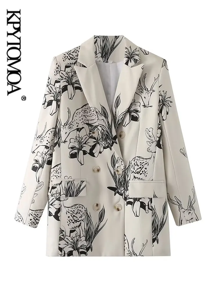 

KPYTOMOA Women Fashion Double Breasted Print Blazer Coat Vintage Long Sleeve Flap Pockets Female Outerwear Chic Vestes Femmes
