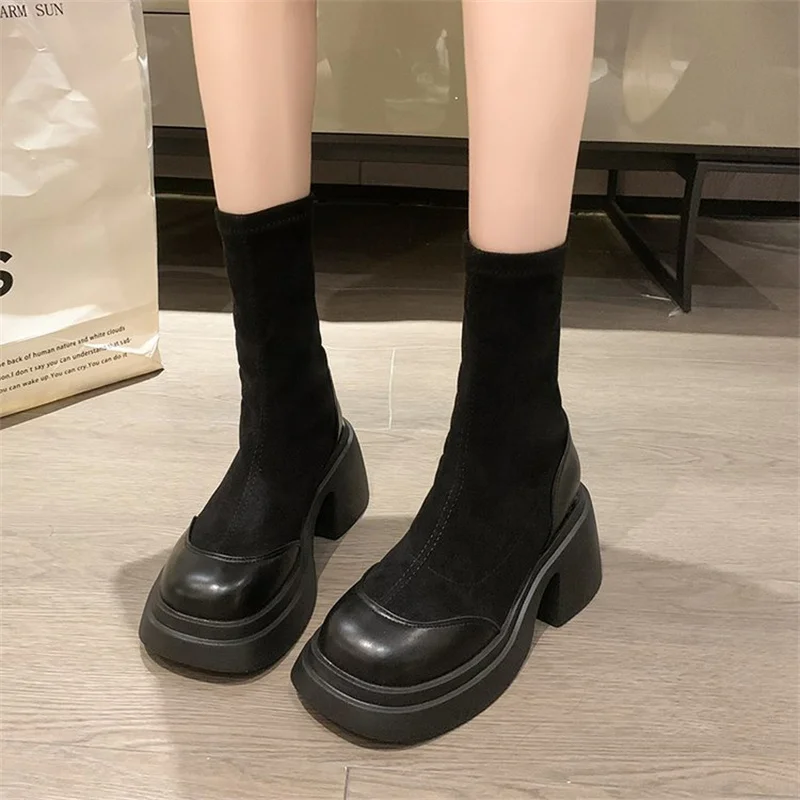 2023Autumn/Winter New Thick Sole Square Head Thick Heel Mid Sleeve Back Zipper Women's Short Boots Super High Heel Fashion Boots