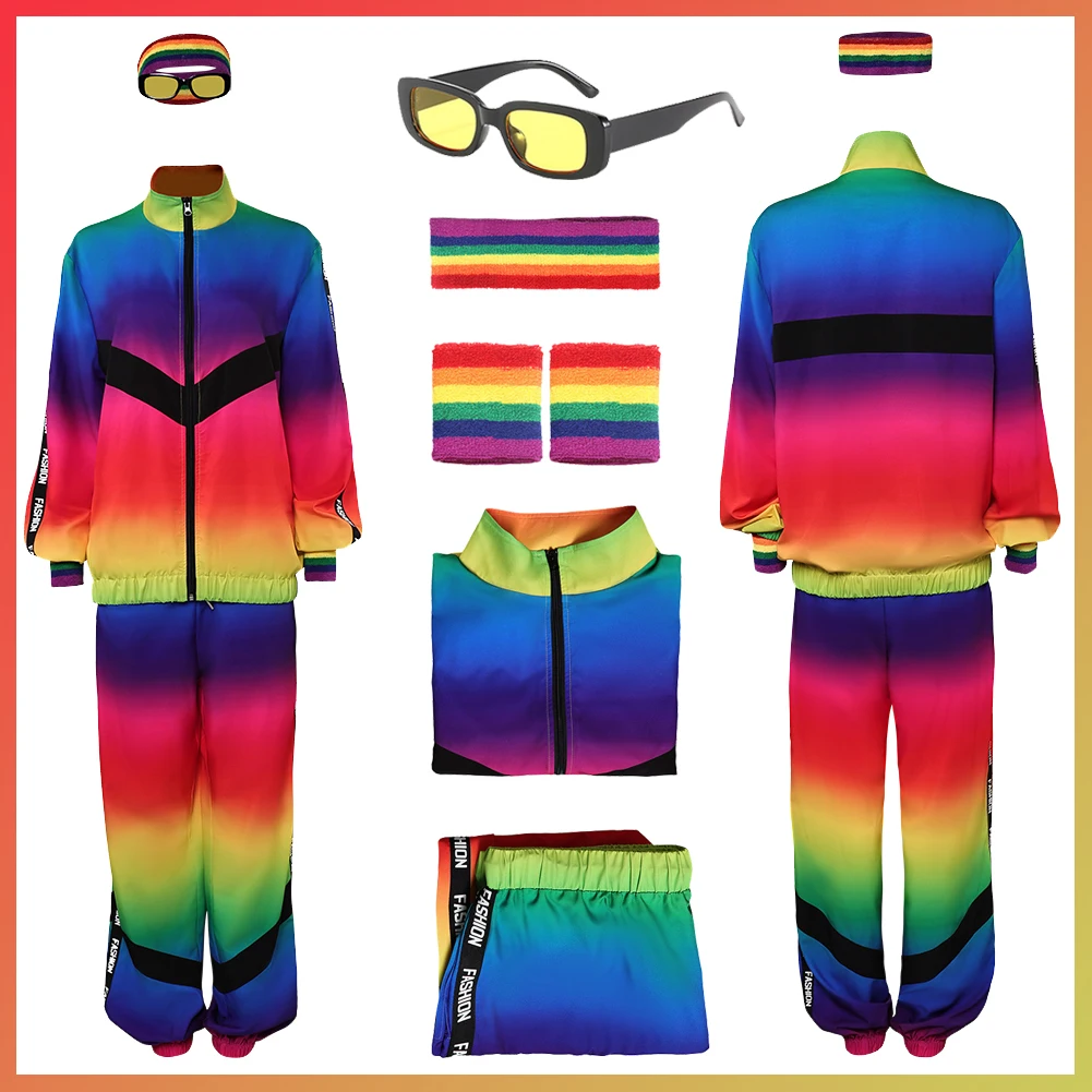 

Disguise 70s 80s Party Hippie Cosplay Sportwear Rainbow Color Headband Vintage Disco Costume Women Role Play Fancy Party Cloth
