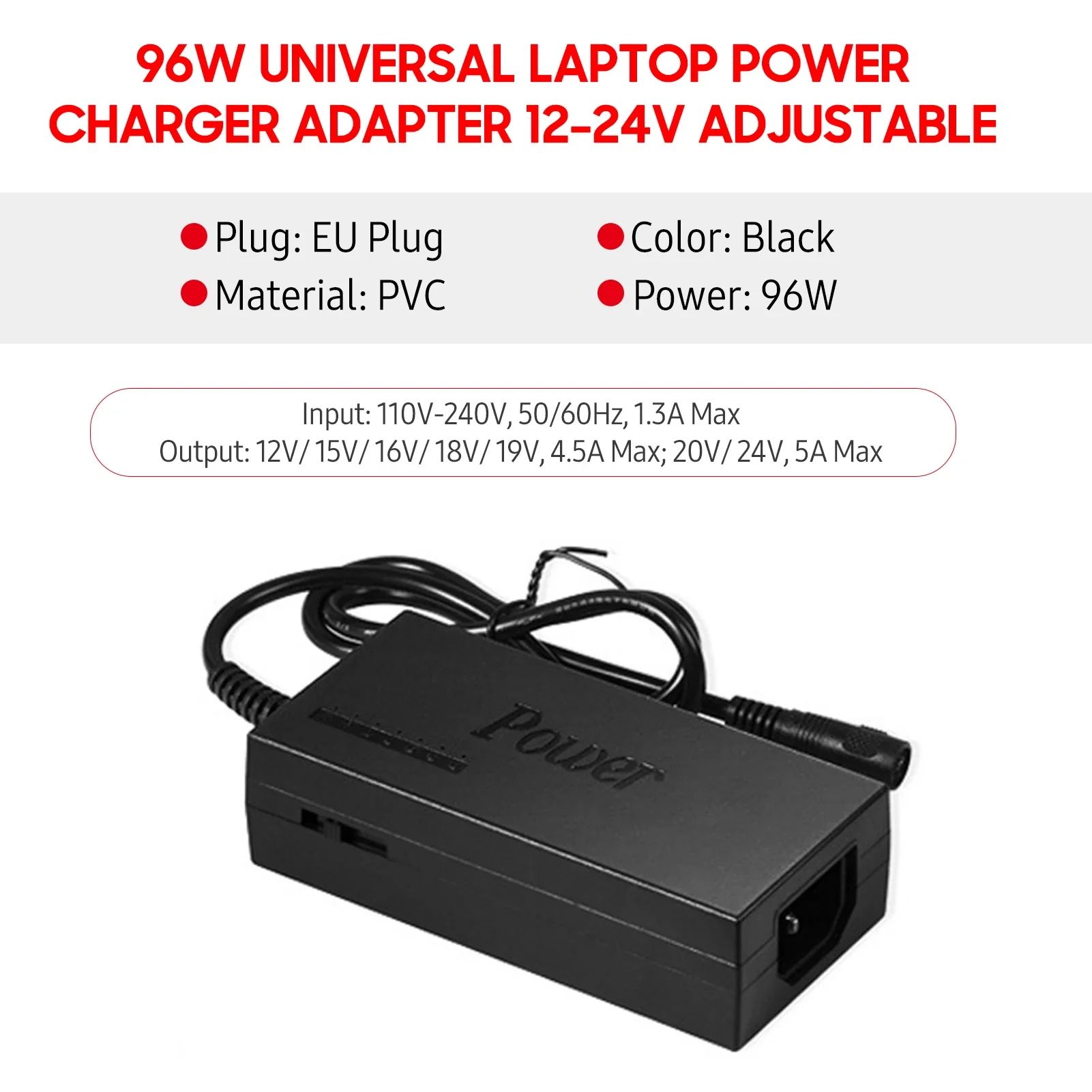 96W 범용 휴대용 AC 노트북 전원 어댑터 12V-24V 충전기 (델, 도시바, HP/아수스/에이서 호환, 미국/유럽 플러그)