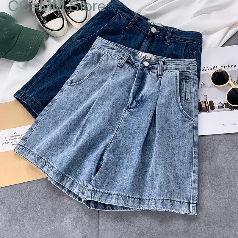 New High Waisted Jeans Shorts Summer Korean Fashion Wide Leg Jeans Office Ladies Knee Length Casual Trousers