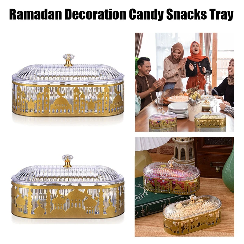 2 Pcs Ramadan Trays Withlid Eid Candy Serving Plate Tea Serving Tray Ramadan Food Storage Table Decorations Gold